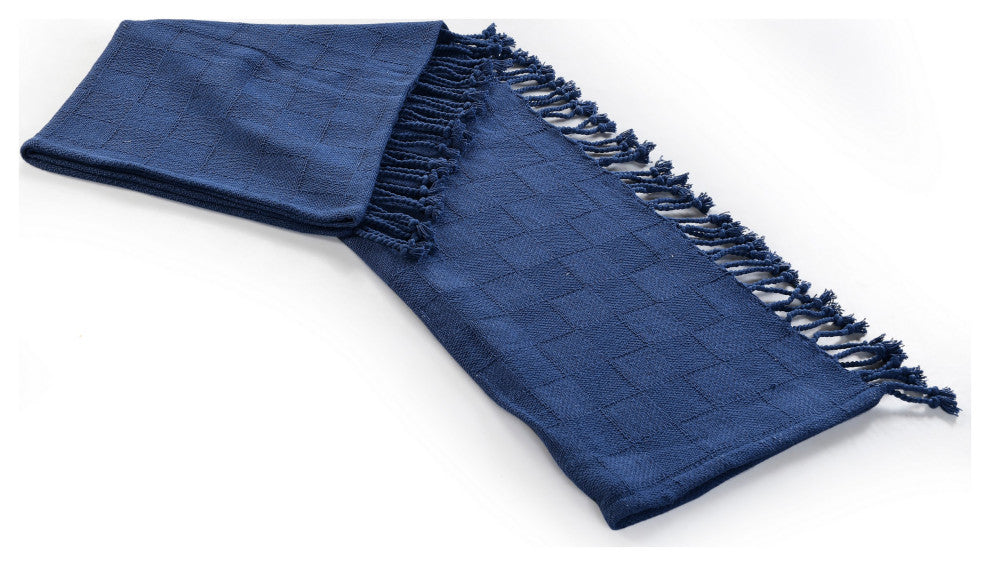 Checkered Weave Throw Blanket with Fringe, Navy Blue