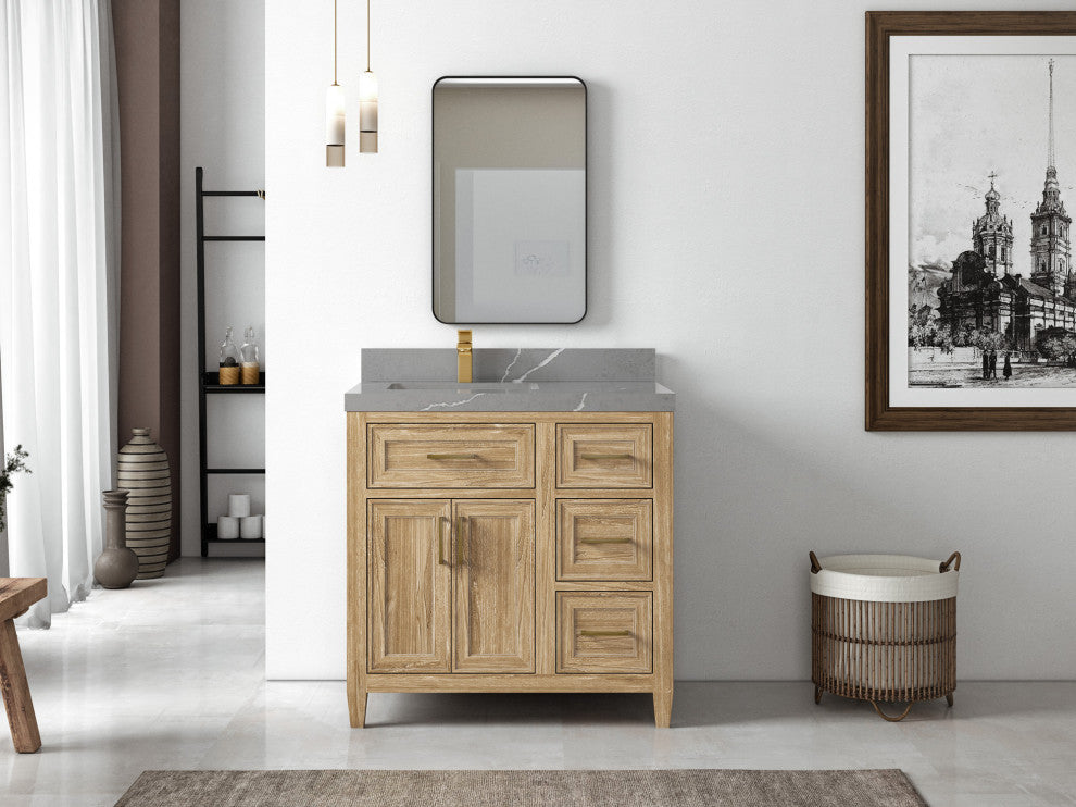 Santa Monica 36 Left Offset  Bath Vanity in Whitewashed Teak 2" Piatra Gray