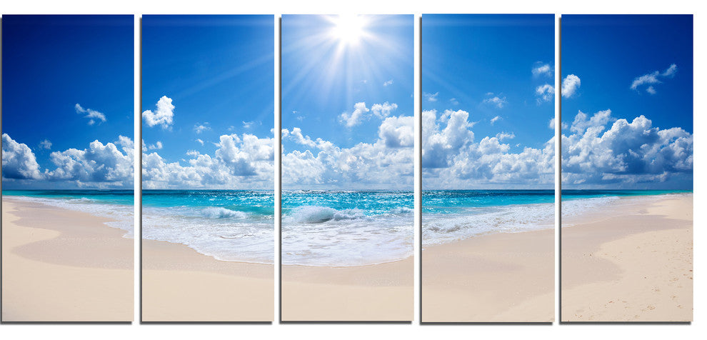 Beautiful Tropical Beach Panorama, Modern Seashore Canvas Art, 60"x28", 5 Panels