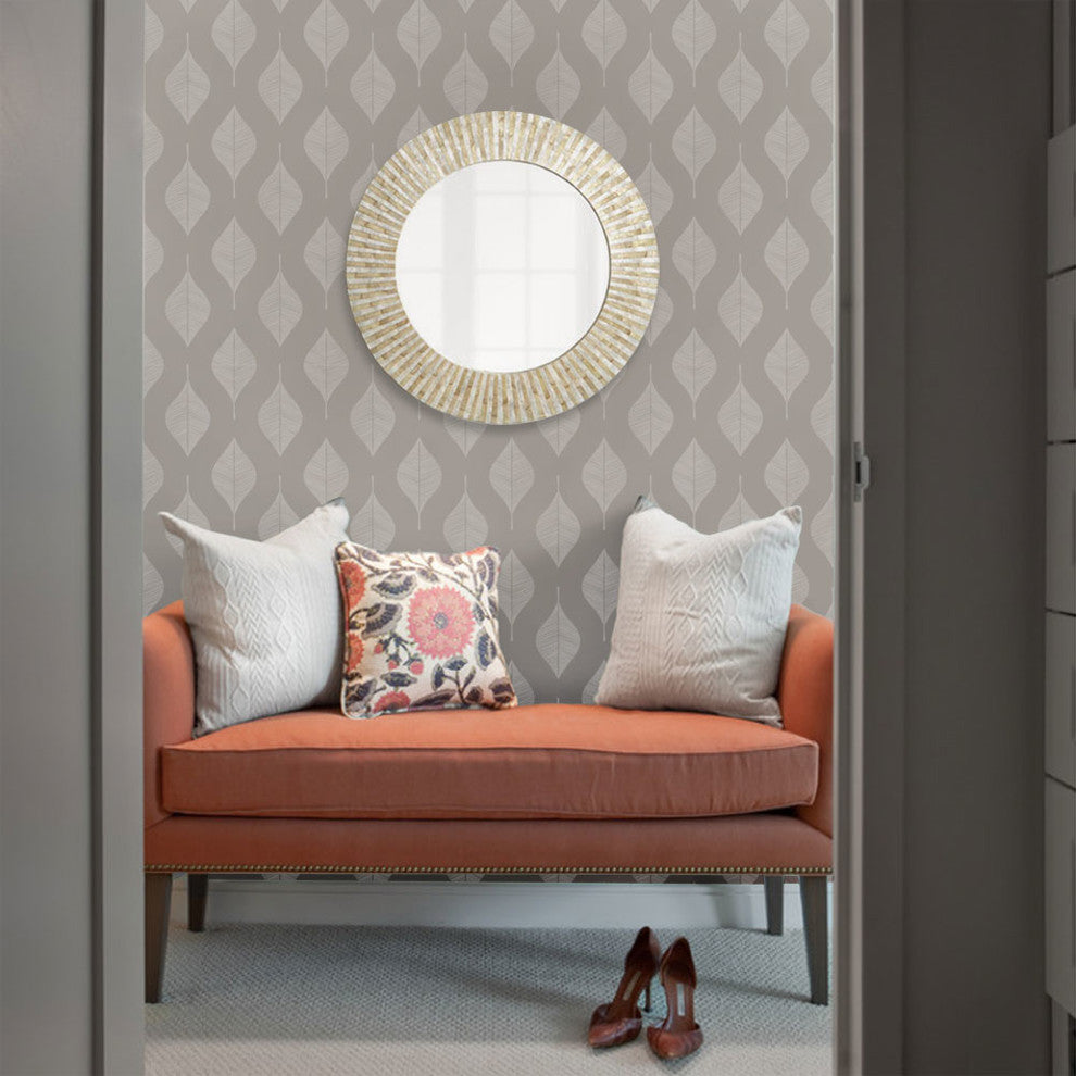 Line Leaves Peel and Stick Vinyl Wallpaper, Off White Warm Gray, 24"w X 60"h