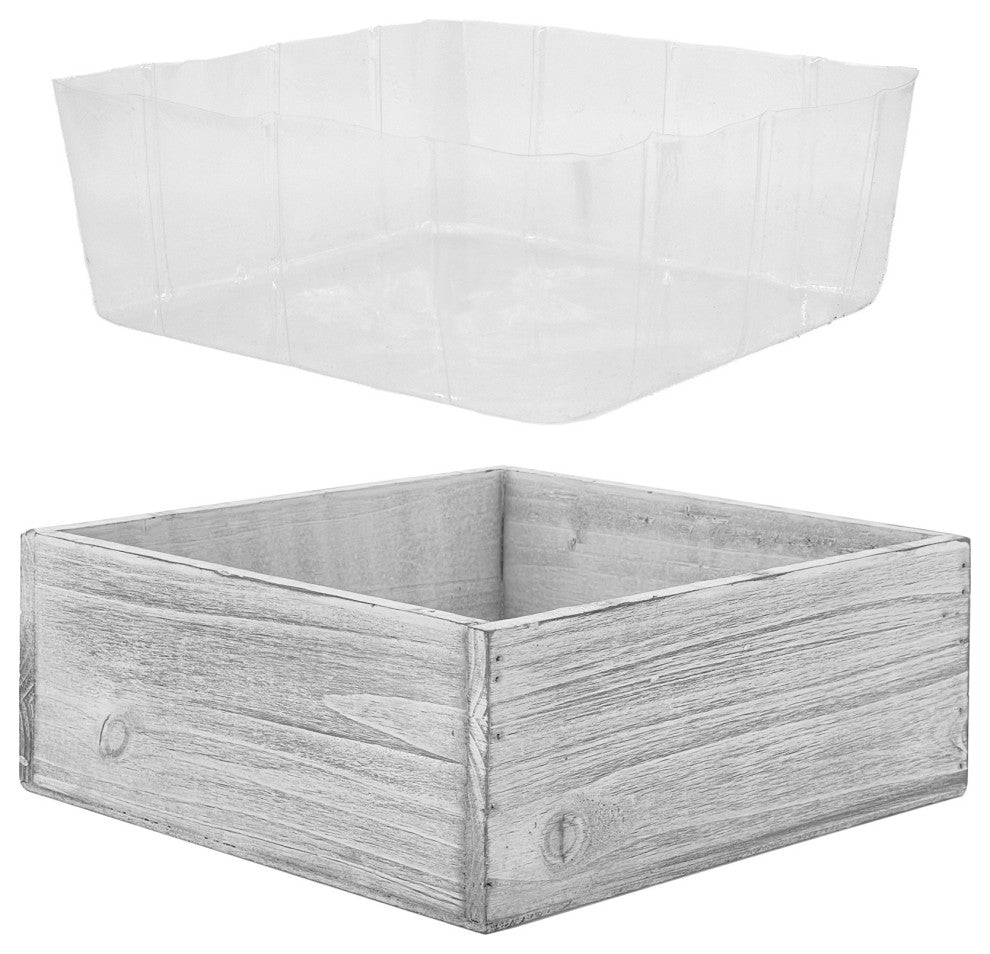 Natural Wood Square Planter Box w/ Removable Plastic Liner 10"x10"x4" Set of 2, White