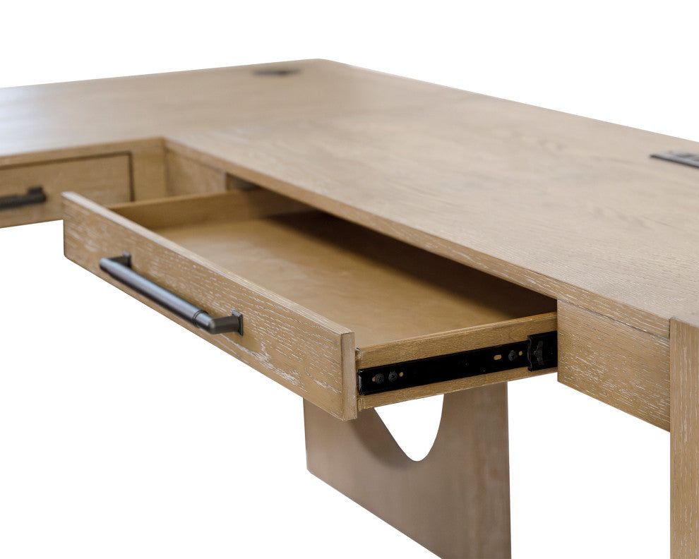 Modern Wood L-Shape Pedestal Desk With Right Facing Open Return, Light Brown