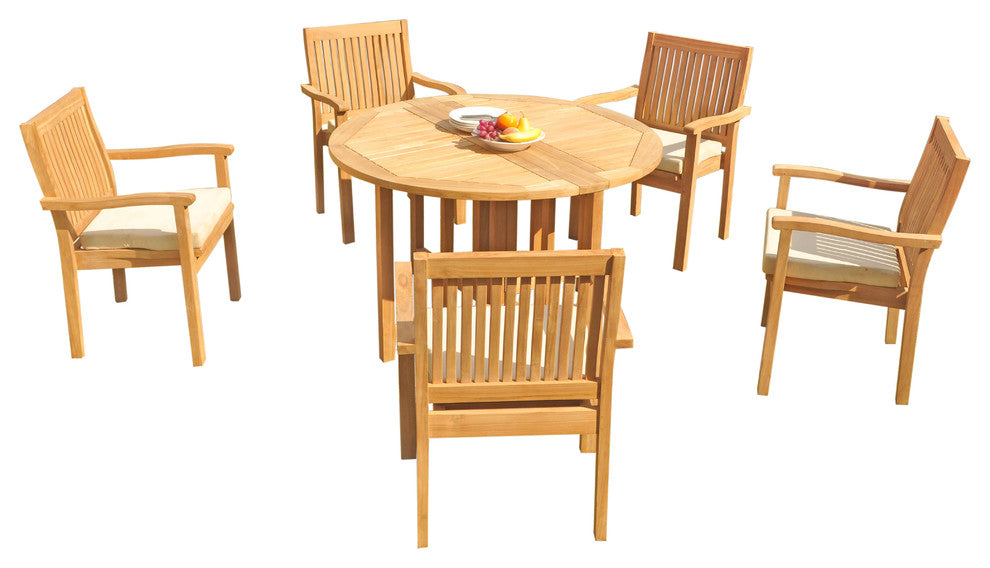 6-Piece Outdoor Teak Dining Set: 48" Butterfly Table, 5 Leveb Stacking Arm Chair