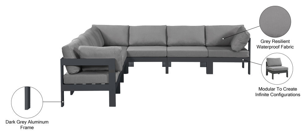 Nizuc Water Resistant Patio L-Shaped Modular Sectional, Gray, 7-Piece: 4 Armless Chair, 3 Corner Chair, Dark Gray Aluminum Frame