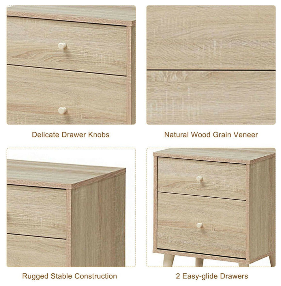 Set of 2 Nightstand, Rubberwood Tapered Legs & Unique Drawer Knobs, Oak Finish