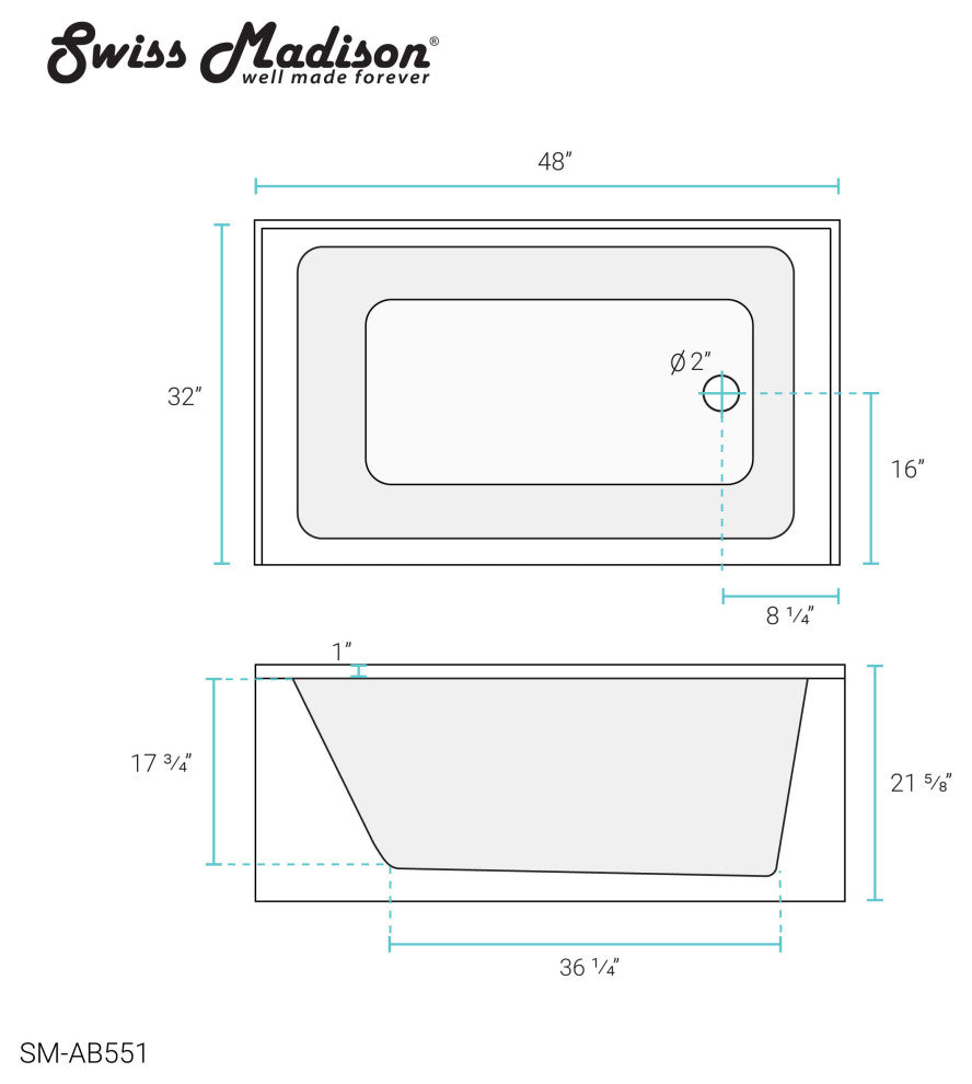 Voltaire 48"x32" Acrylic White, Alcove, Right Hand Drain, Apron Bathtub