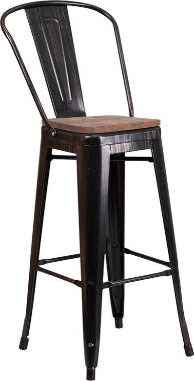 30" High Metal Barstool With Back and Wood Seat, Black-Antique Gold
