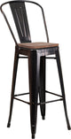 30" High Metal Barstool With Back and Wood Seat, Black-Antique Gold