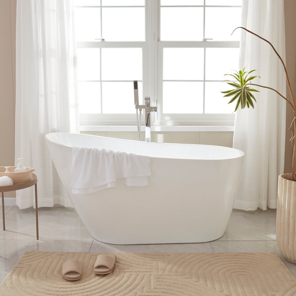 Vanity Art Freestanding Acrylic Soaking Bathtub, White/Titanium Gold, 55"
