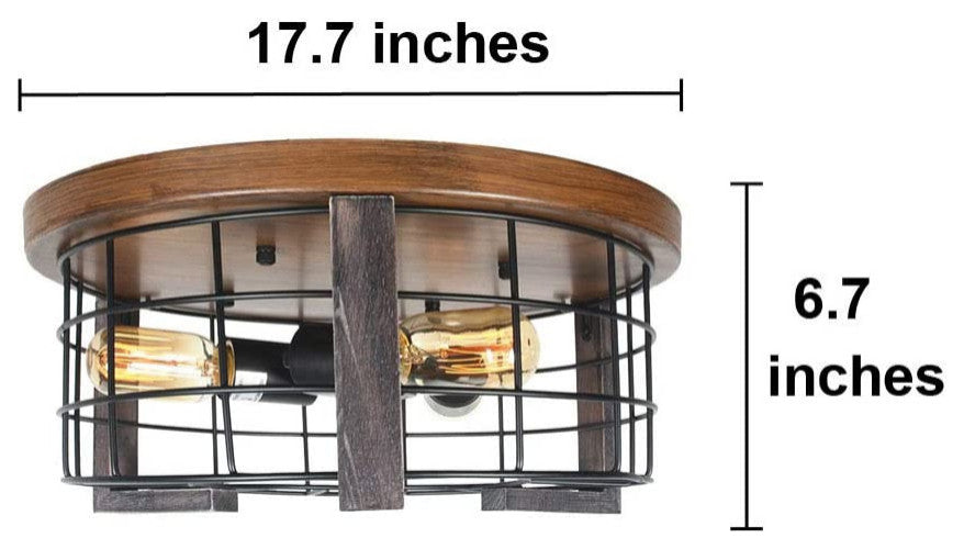 Wood Farmhouse Flush Mount Ceiling Light 2 light rust cage ceiling lamp