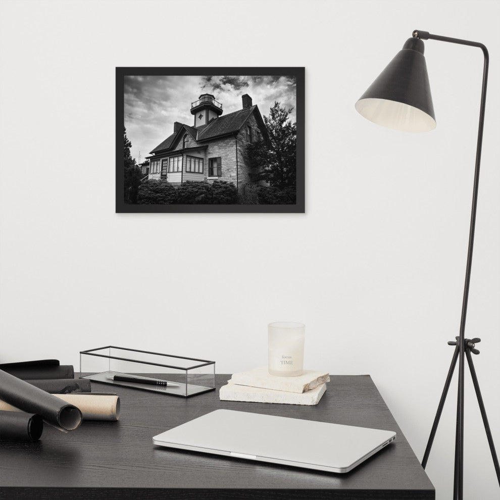 Cedar Point Lighthouse in Black and White Framed Photo Paper Wall Art Prints, Black, 12" X 16"