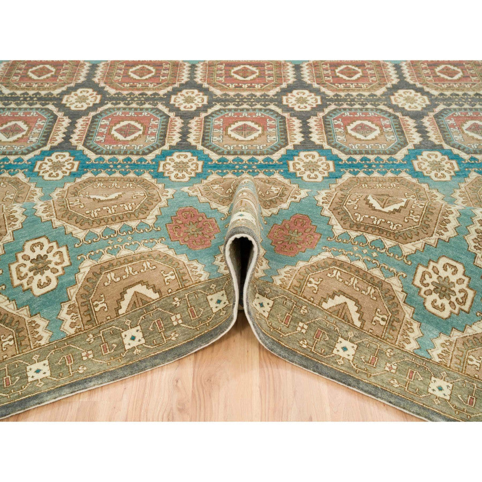 Hand Spun Ghazni Wool, Natural Dyes, Caucasian Gul Motifs Rug, 10'x14'