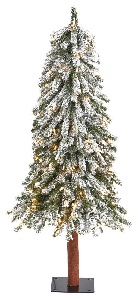 4' Flocked Grand Alpine Faux Xmas Tree W/Lights & Natural Trunk