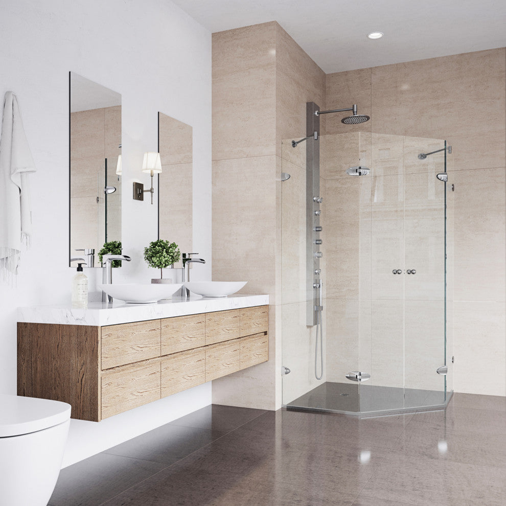 VIGO Gemini Frameless Hinged Neo-Angle Shower Enclosure, Chrome, 48" D X 47" W, Without Base
