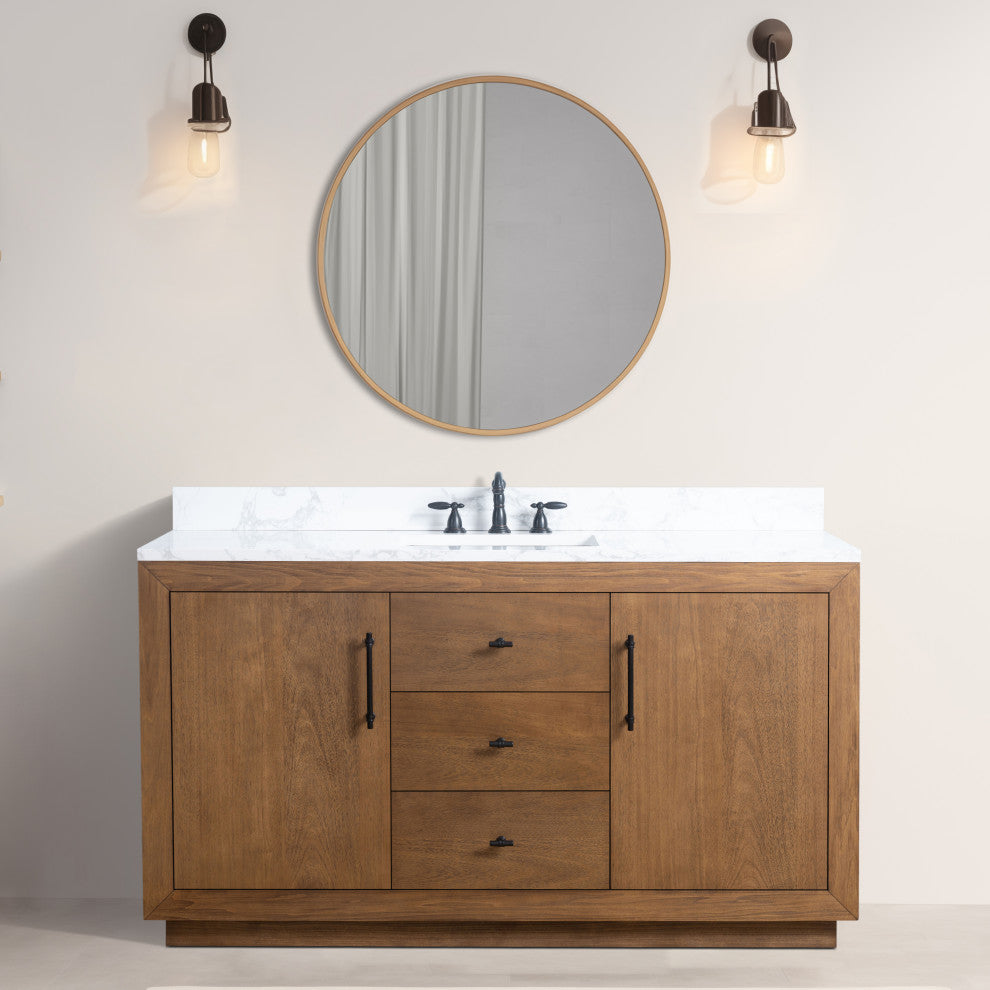 Vanity Art Bathroom Vanity With Sink, Tan, 60" Single, Arabescato White Engineered Marble Top