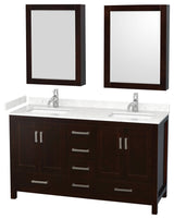 60"DBL Vanity Espresso, Carrara Cult. Marble Countertop, Sinks, Med. Cabinets