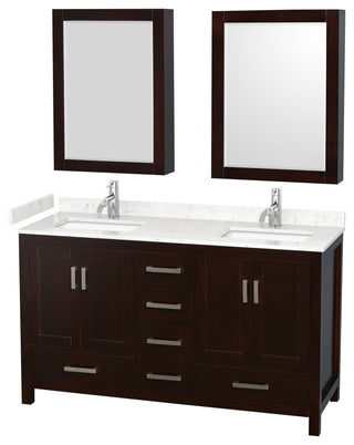 60"DBL Vanity Espresso, Carrara Cult. Marble Countertop, Sinks, Med. Cabinets