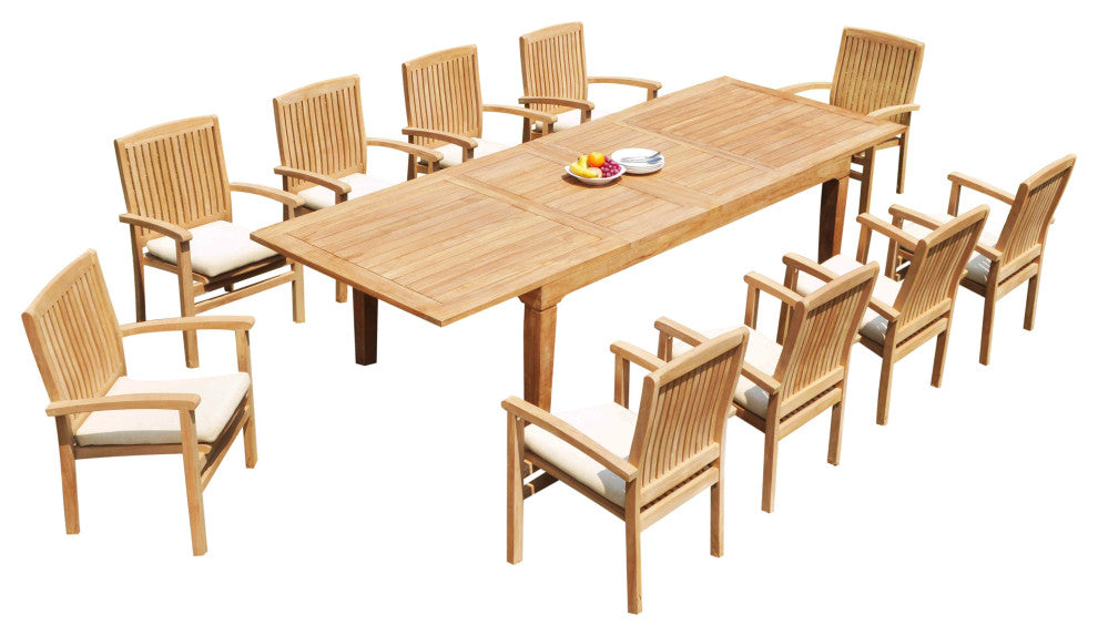 11-Piece Outdoor Teak Dining Set: 122" Rectangle Table, 10 Wave Stacking Chairs