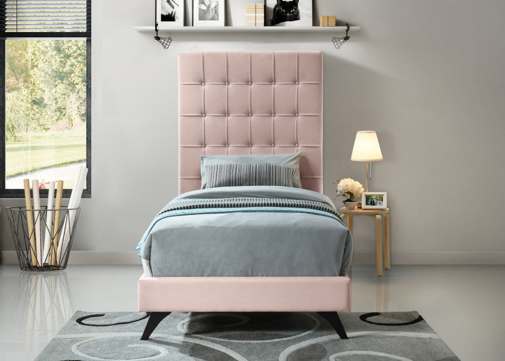 Elly Velvet Upholstered Bed, Pink, Twin