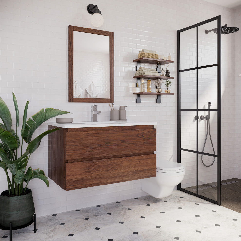 Formosa Wall Hung Modern Bathroom Cabinet, Warm Walnut, 35"