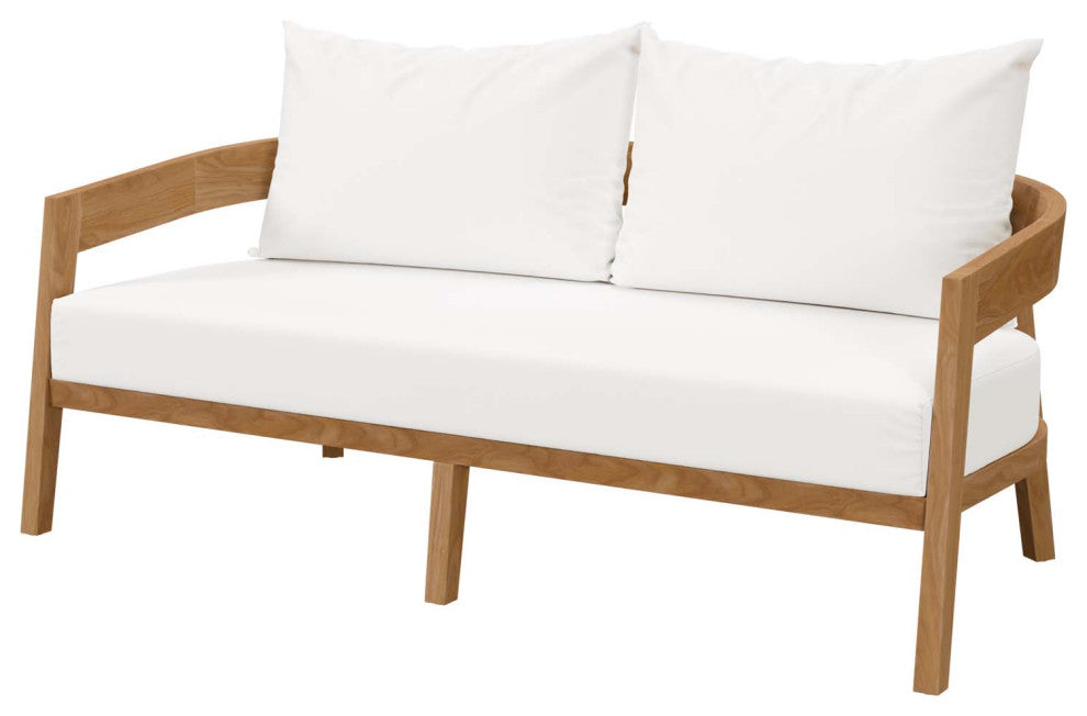Sectional Sofa Chair Table Set, White Natural, Teak Wood, Modern, Outdoor Patio