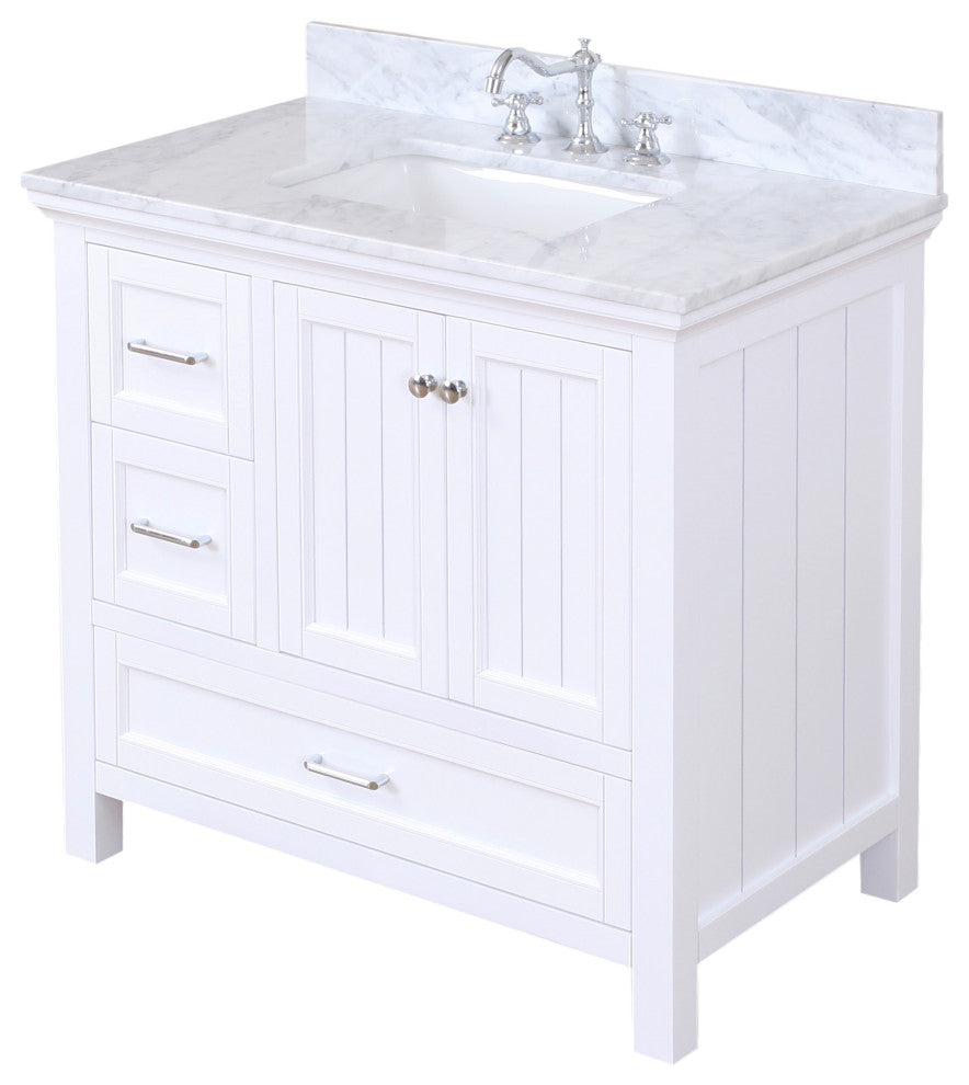 Paige 36" Bathroom Vanity, White, Carrara Marble