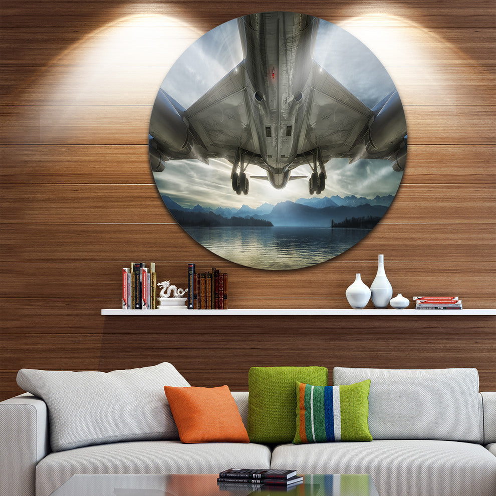 Plane Over Beach And Sea, Seashore Photography Disc Metal Wall Art, 36"