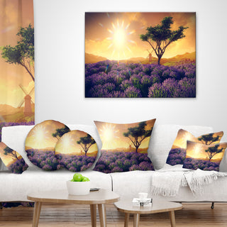 Lavender Field With Solitary Tree Landscape Printed Throw Pillow, 16"x16"