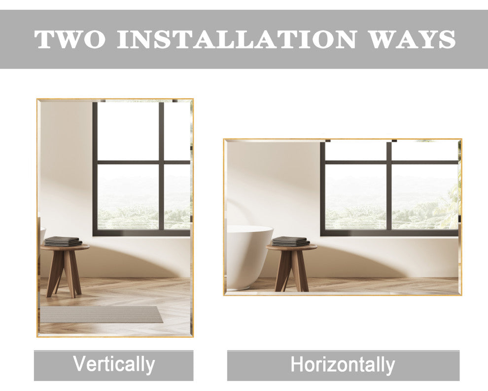 Metal Framed Rectangle Beveled Edge Wall Mirror Bathroom Vanity Mirror, Gold, 24"x36"