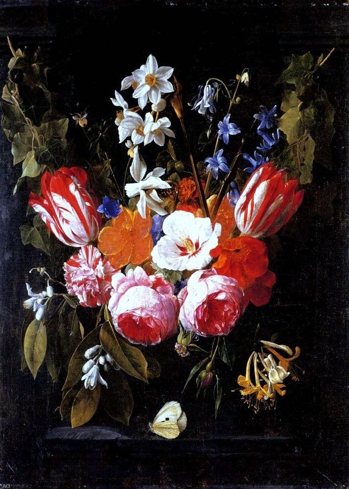 Nicolaes Van Veerendael A Swag of Tulips Peonies Carnations Wrapped Canvas