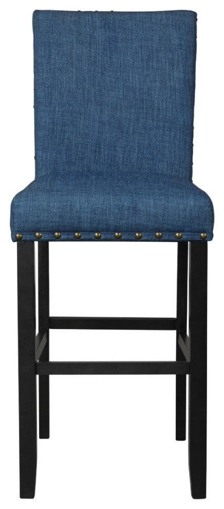 Bar Chair with Fabric Seat and Nailhead Trim, Set of 2, Blue