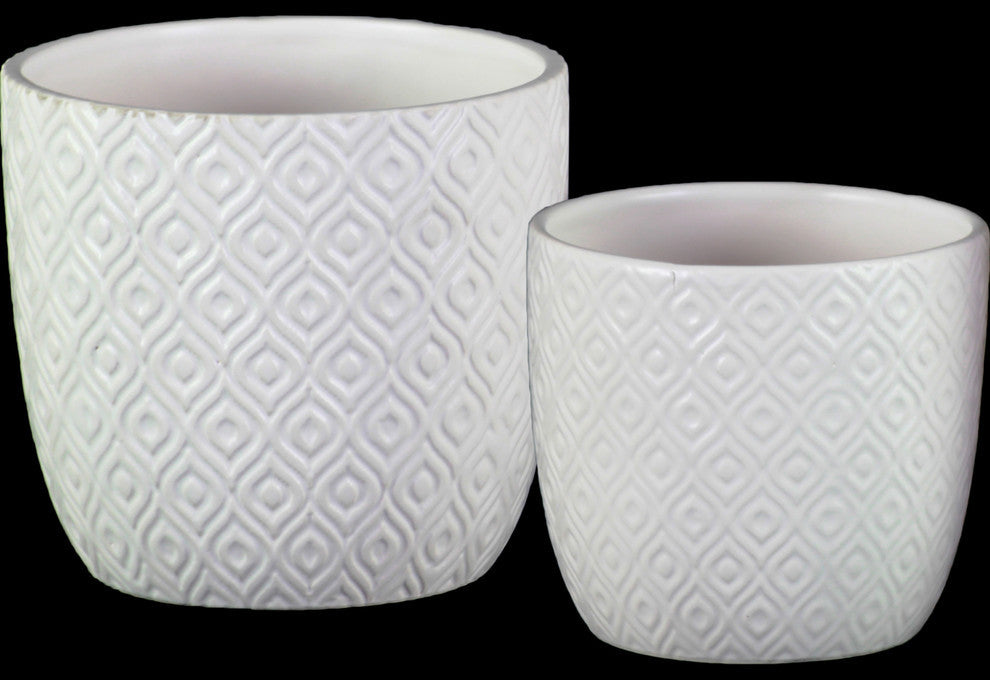 Ceramic Square Pots, Embossed Diamond Design Body, 2-Piece Set, White