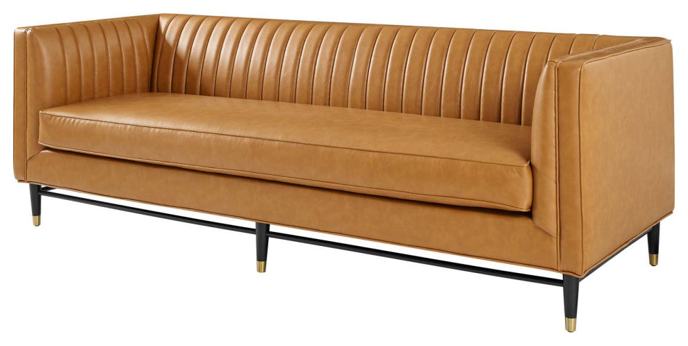 Tufted Sofa, Faux Vegan Leather, Tan, Modern, Living Lounge Hotel Hospitality