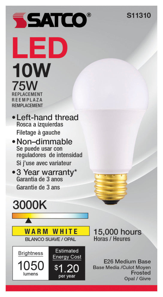 10W A19 LED, 3000K, Medium Base, 120V, Left Hand Thread