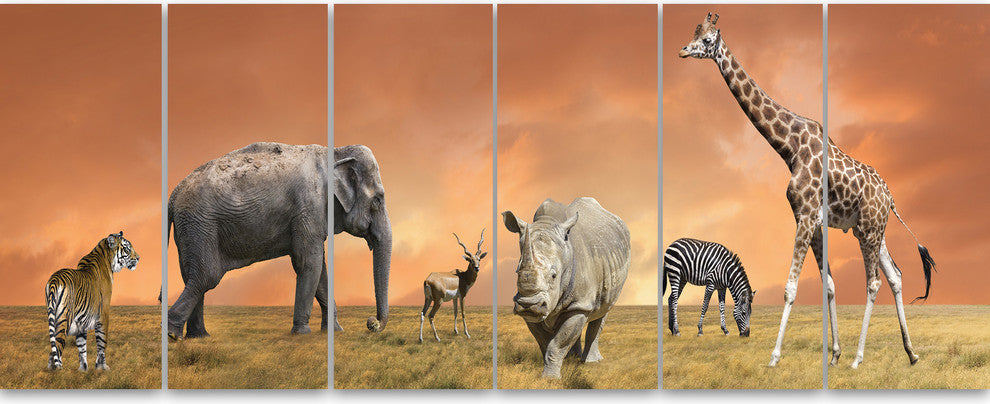 Savannah Wildlife Panorama, African Canvas Art Print, 70"x28", 6 Panels