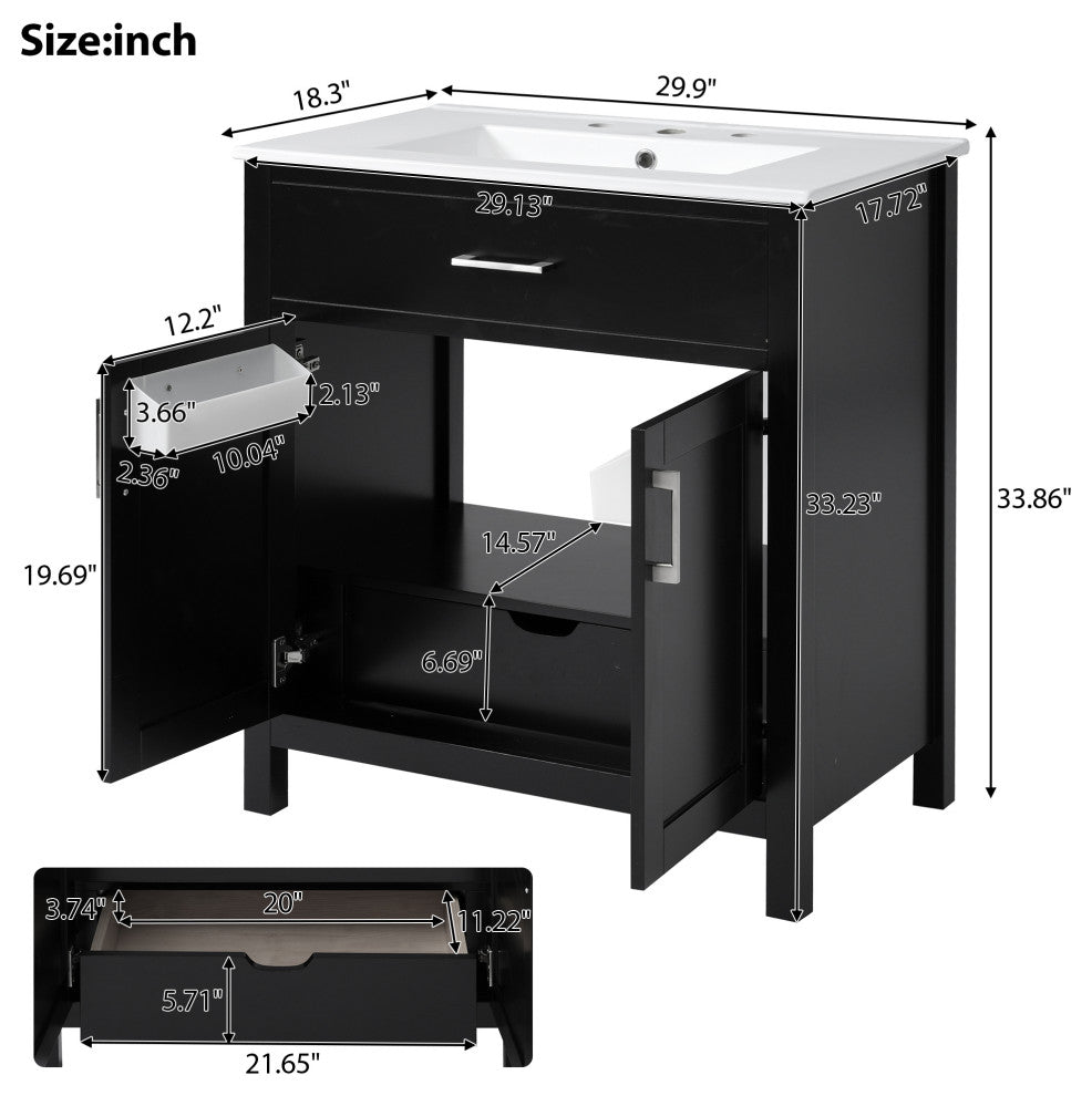 30 Inch Bathroom Vanity with Ceramic Sink and Ample Storage, Black