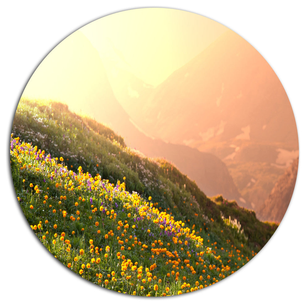 Flowering Mountain Meadow View, Landscape Large Disc Metal Artwork, 36"