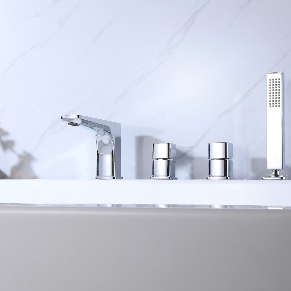 Deck Mount Roman Dual Handles Tub Faucet with Hand Shower, Chrome