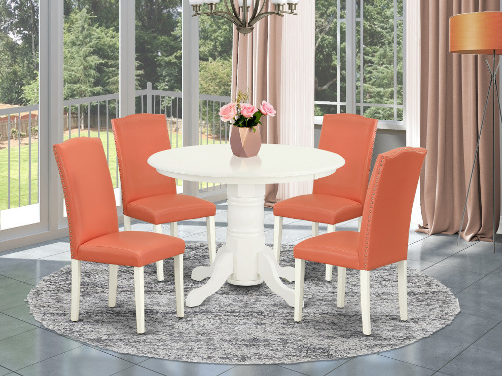5Pc Rounded 42" Dining Table, Four Parson Chair, Pu Leather Color Pink Flamingo