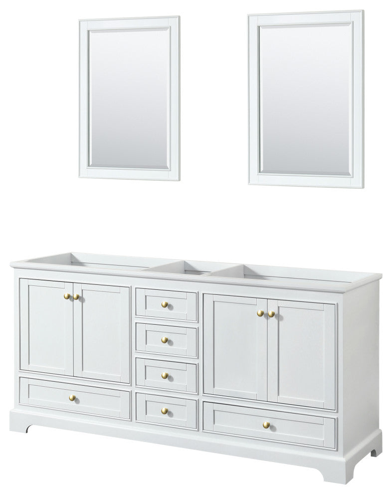 72" Double Bathroom Vanity, White, No Countertop, Gold Trim, 24" Mirrors