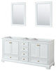 72" Double Bathroom Vanity, White, No Countertop, Gold Trim, 24" Mirrors