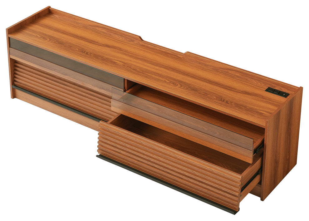 GDF Studio 4-Drawer Storage TV Stand, LED Lighting & Charging Ports, Espresso