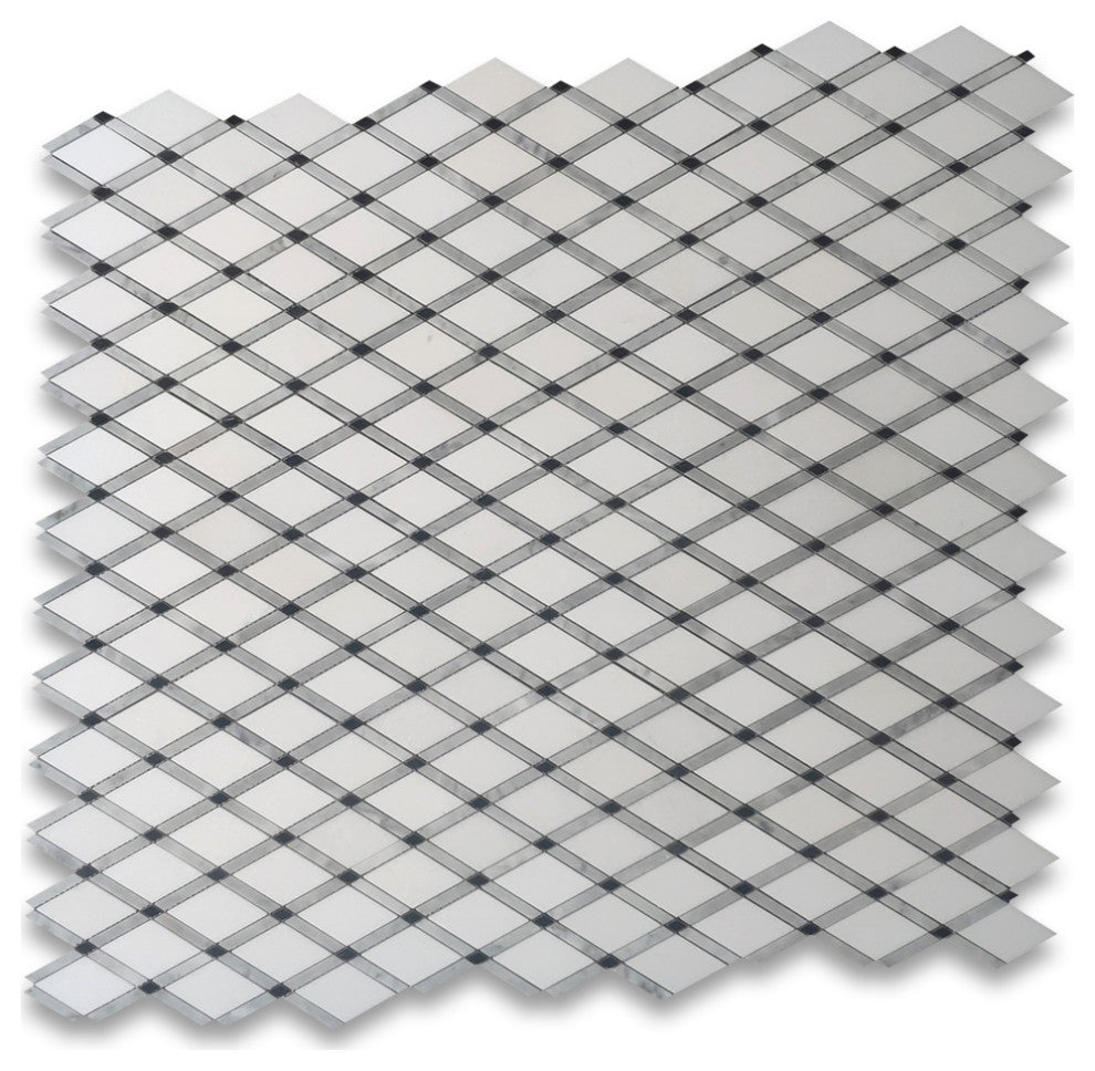 Thassos White Marble Diamond Lattice Mosaic Tile Carrara Black Polishe, 1 sheet