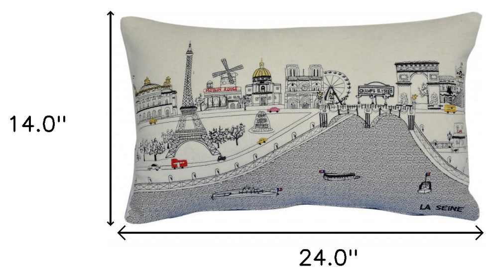 25" White Paris Daylight Skyline Lumbar Decorative Pillow