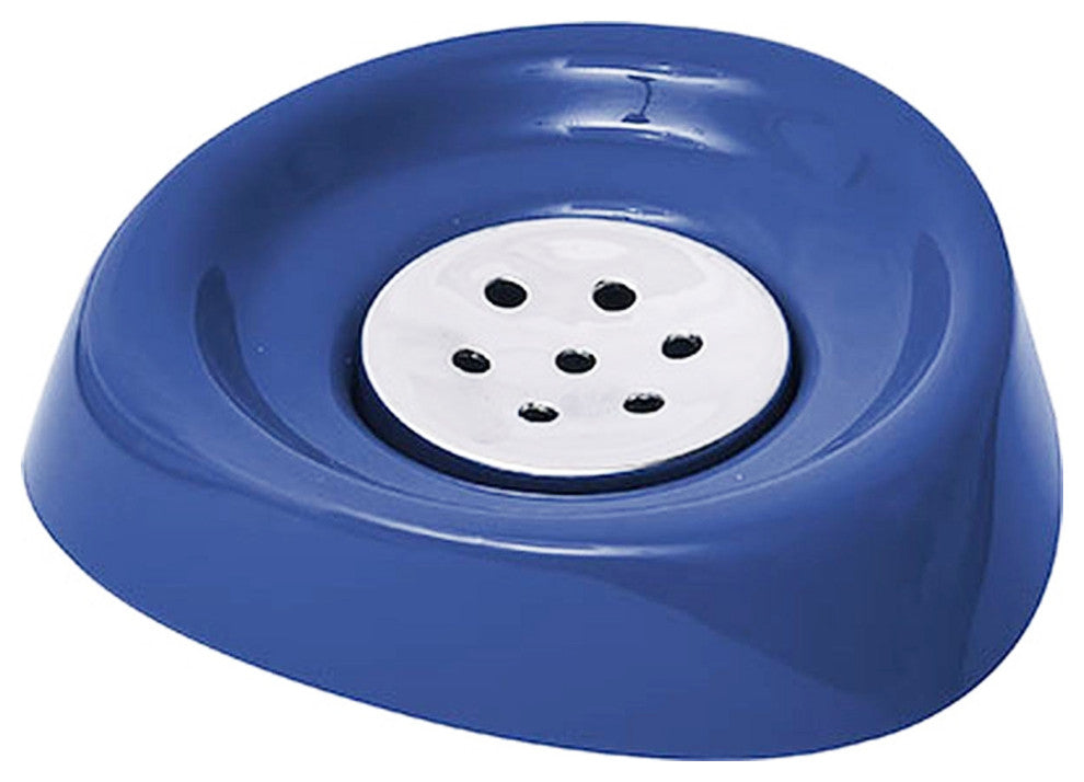 Bath Soap Dish Cup Shiny Solid Colors With Chrome Tray, Navy Blue