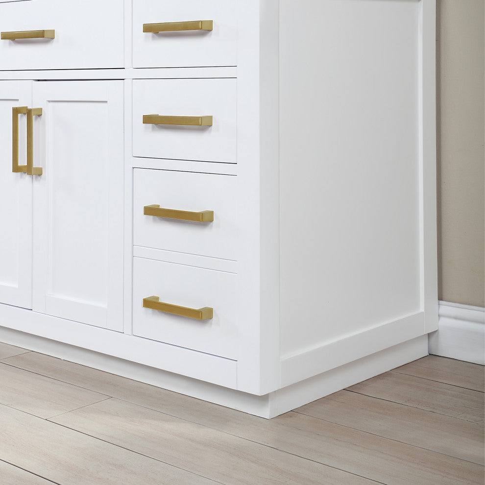 Gavino Vanity With Grain White Composite Stone Top, White/Brushed Gold, 84", With Mirror