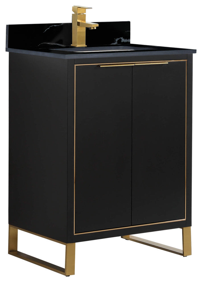 Opulence Bath Vanity, Black Matte, 24", Satin Brass Hardware, Black Marble Top