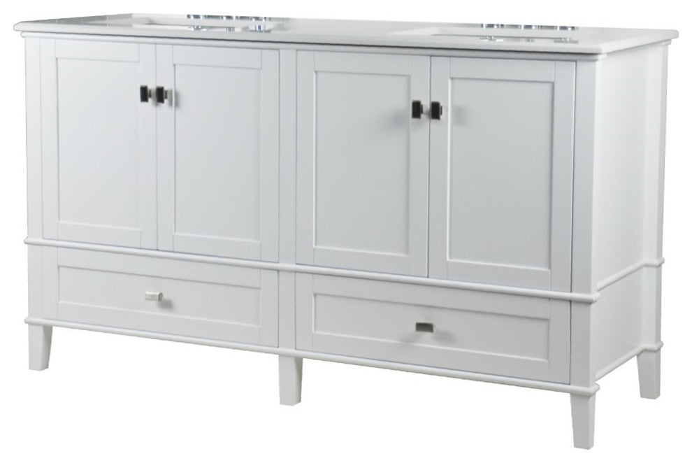61" Double Vanity, White With Engineered Stone Top