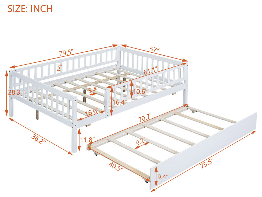 Gewnee Wood Full Size Daybed with Trundle and Fence in White