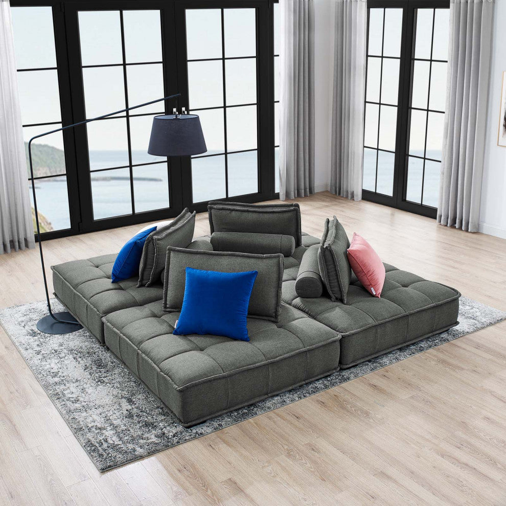Modular Deep Tufted Sectional Sofa Set, Gray, Fabric, Modern, Hospitality